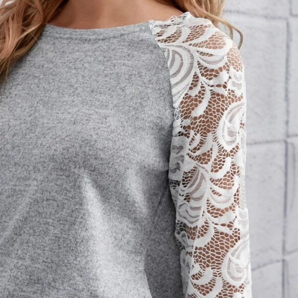 Causal lace details Long sleeved Top GRAY - Picture 3 of 6